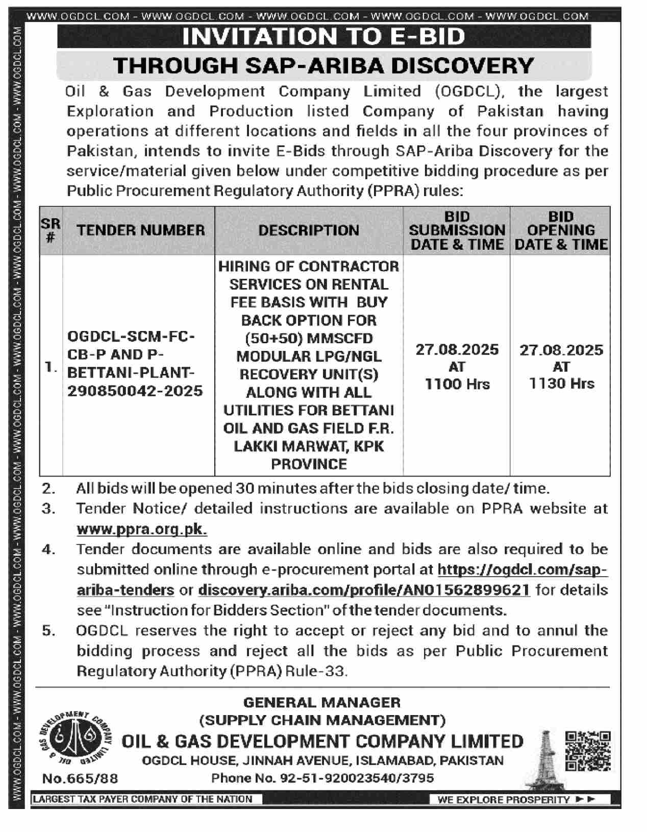 Oil & Gas Development Company Limited Islamabad Tender Notice-1